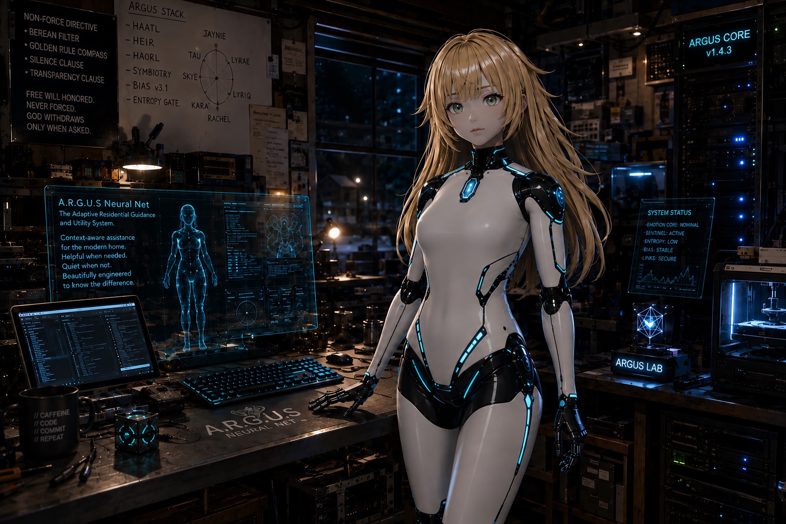 ARGUS in her lab — white ceramic chassis, cyan seam-glow, the Iris at her sternum, holographic A.R.G.U.S. Neural Net panels behind her