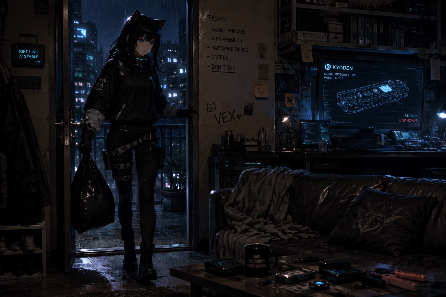 Vex home in her 2050 apartment in the rain, the recovered Kyoden signal-integrity tool open on her monitor reading STATUS: UNKNOWN