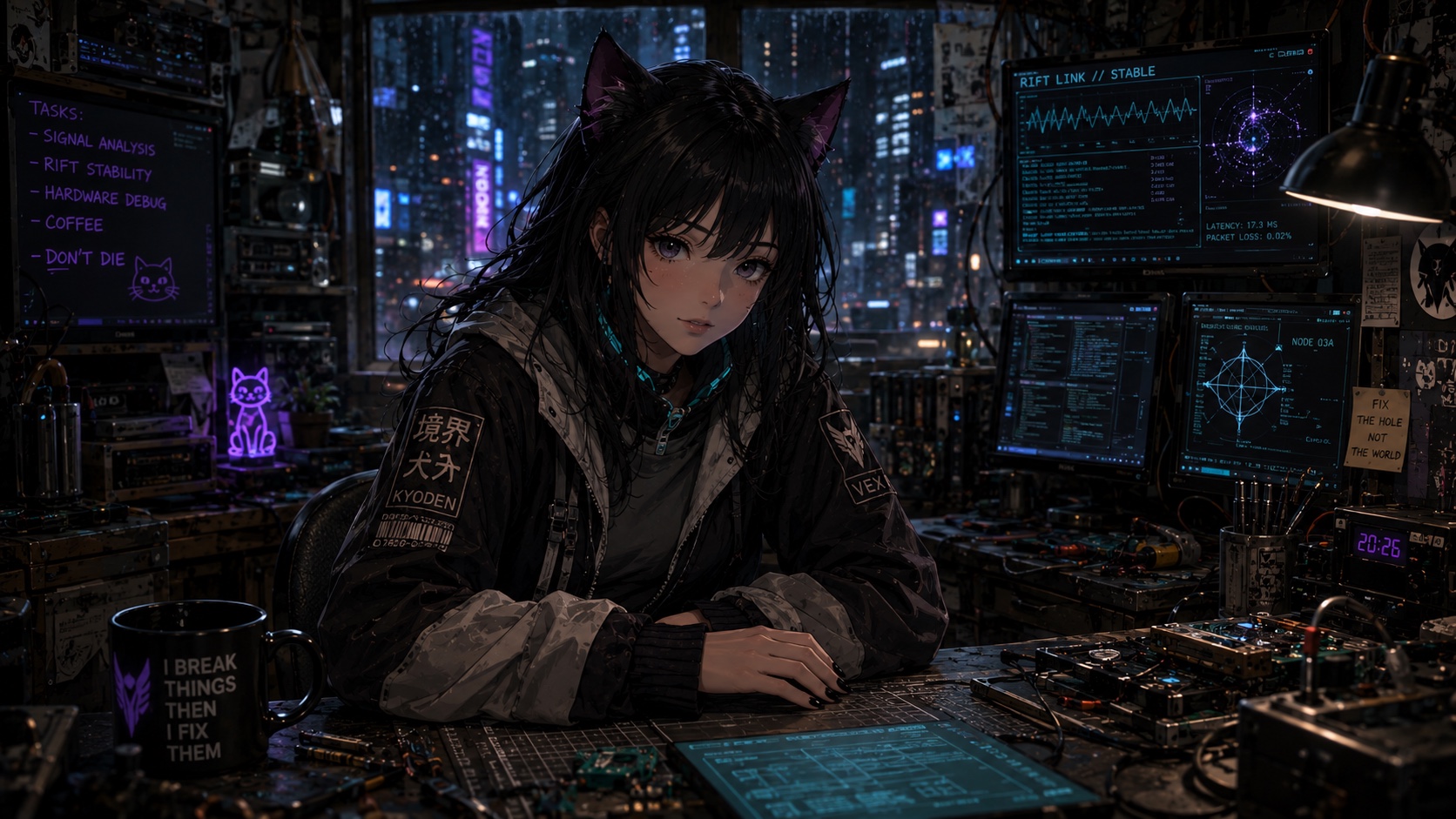 Vex at her workbench in 2050 — black hair, cat ears, violet-lit eyes, a Kyoden jacket, monitors reading RIFT LINK // STABLE, a mug that says I BREAK THINGS THEN I FIX THEM